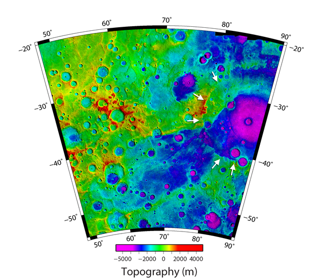 Mercury’s Great Valley shown in shades of dark blue in this high-resolution topographic map. Image: NASA/Johns Hopkins University Applied Physics Laboratory/Carnegie Institution of Washington/DLR/Smithsonian Institution